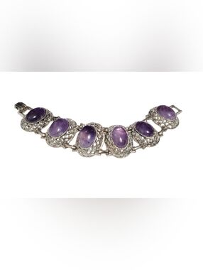Vtg. Art Deco Amethyst Cabochon Bracelet - Purple